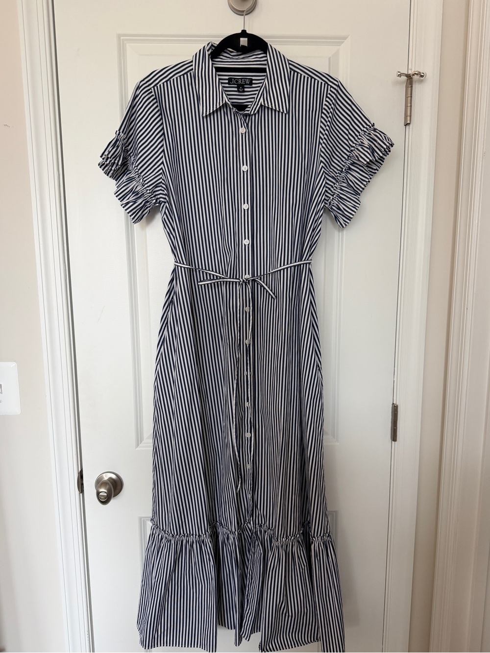 J.Crew Striped Button-Front Maxi Dress with Ruffle Hem - Blue/White - Picture 4 of 6